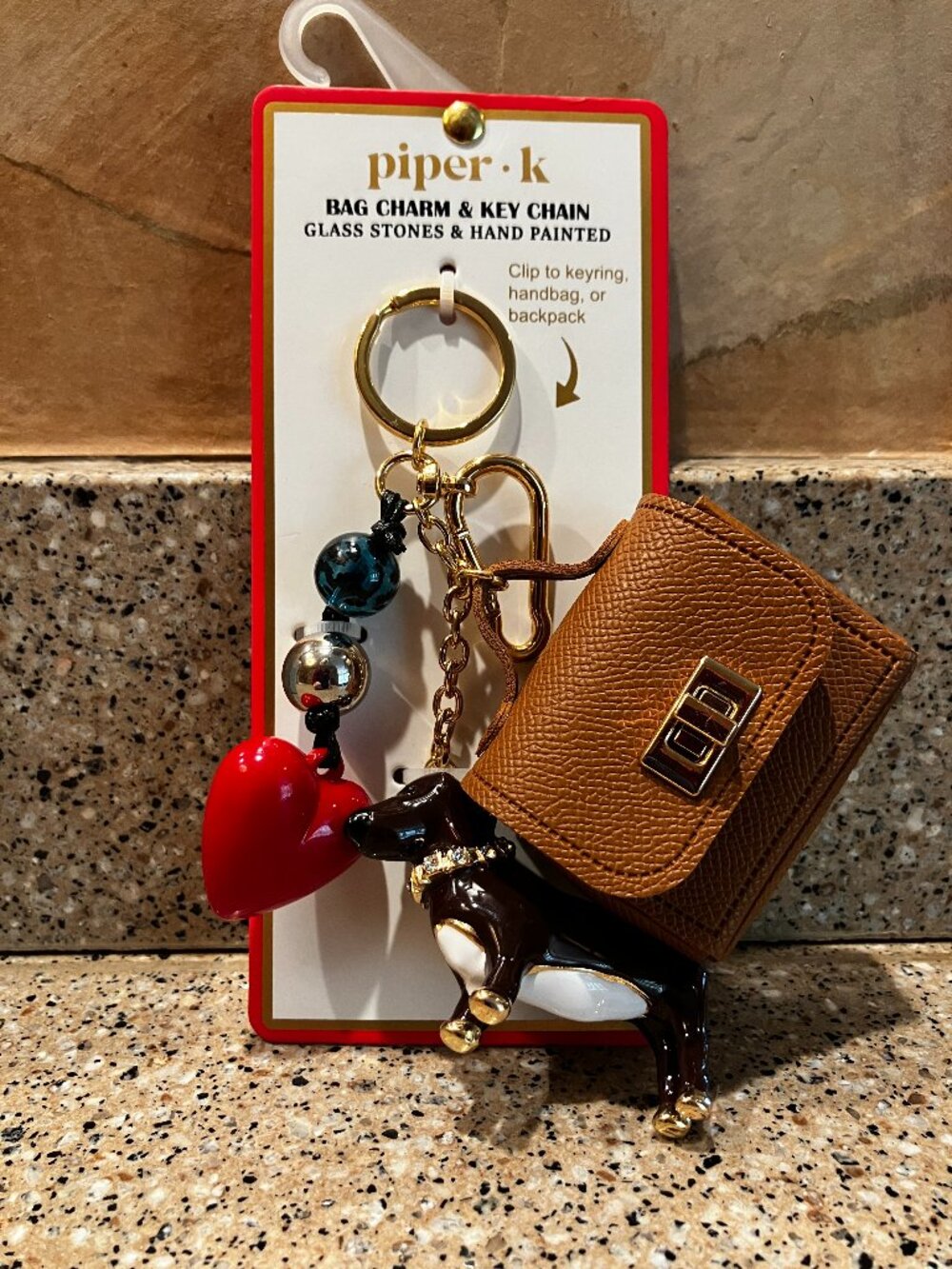 Piper K Heart and Dog with bag Rhinestone Bag Clip and keychain! NEW